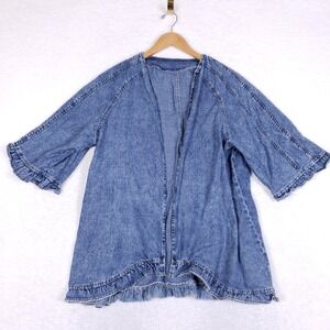 Women's Open Front Blue Cardigan Ruffle Hem Relaxed Fit Sz S Transitional Piece